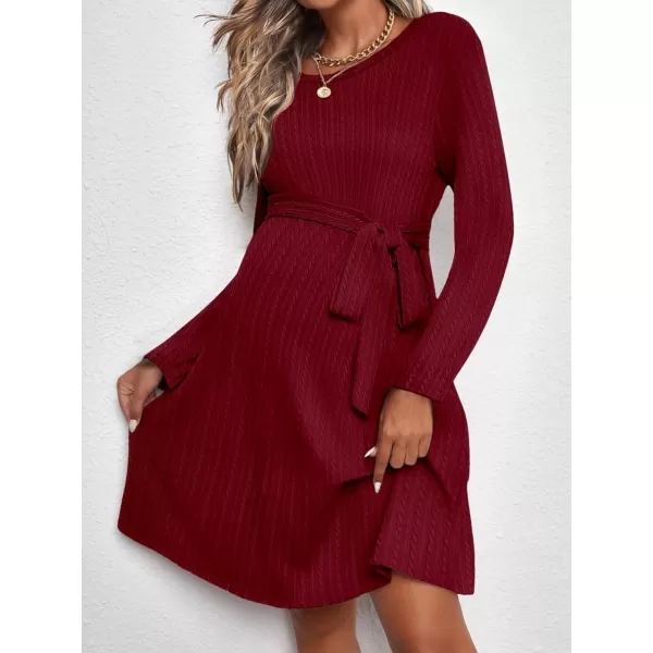 Ekouaer Womens Maternity Dress Rib Knit Long Sleeve Casual Pregnancy Dresses Crewneck Pregnancy Clothes with BeltWine Red