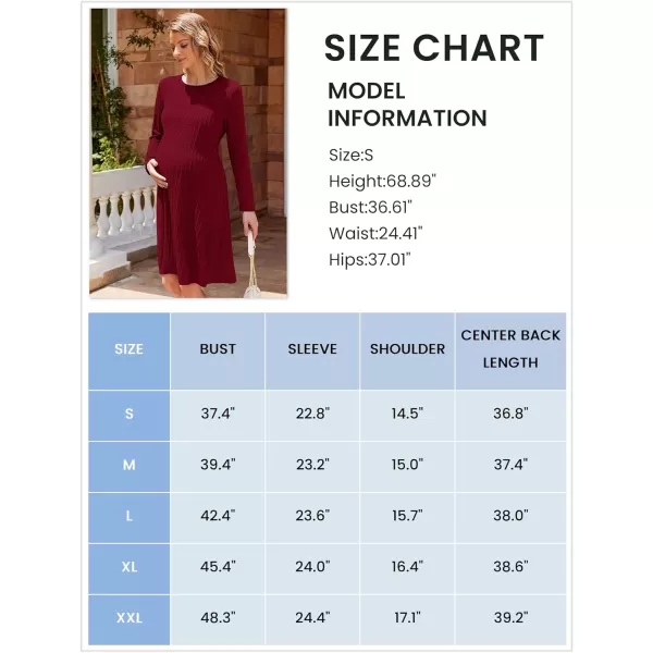 Ekouaer Womens Maternity Dress Rib Knit Long Sleeve Casual Pregnancy Dresses Crewneck Pregnancy Clothes with BeltWine Red