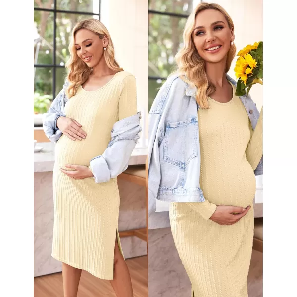 Ekouaer Womens Maternity Dress Rib Knit Sleeveless Tank Side Slit Bodycon Dresses Pregnancy Clothes SXXLZ Long Sleeve Beige