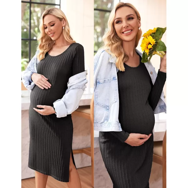 Ekouaer Womens Maternity Dress Rib Knit Sleeveless Tank Side Slit Bodycon Dresses Pregnancy Clothes SXXLZ Long Sleeve Black