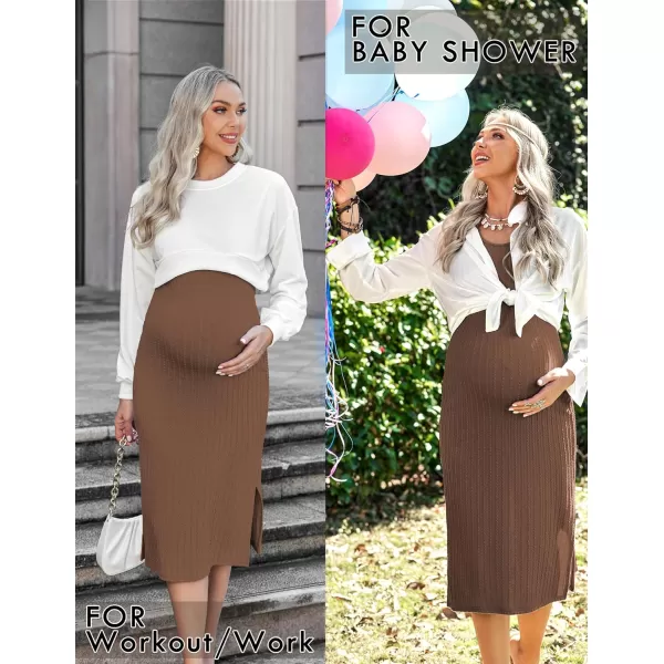 Ekouaer Womens Maternity Dress Rib Knit Sleeveless Tank Side Slit Bodycon Dresses Pregnancy Clothes SXXLZ Long Sleeve Brown