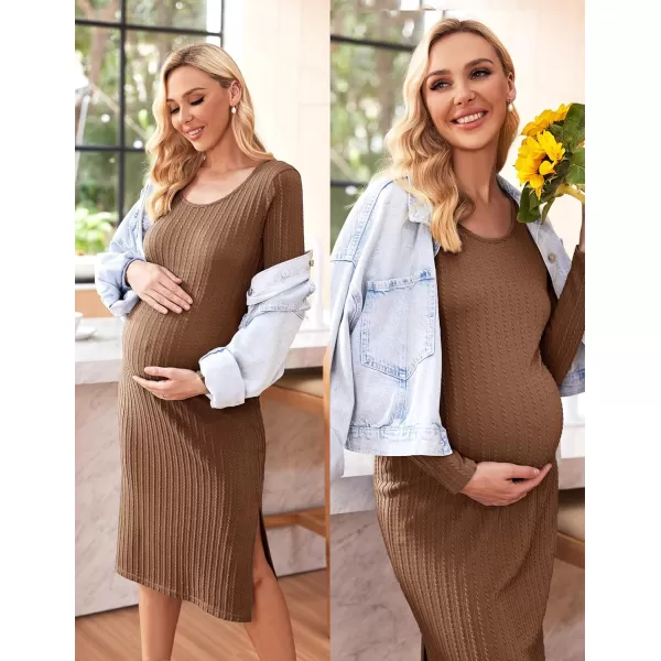 Ekouaer Womens Maternity Dress Rib Knit Sleeveless Tank Side Slit Bodycon Dresses Pregnancy Clothes SXXLZ Long Sleeve Brown