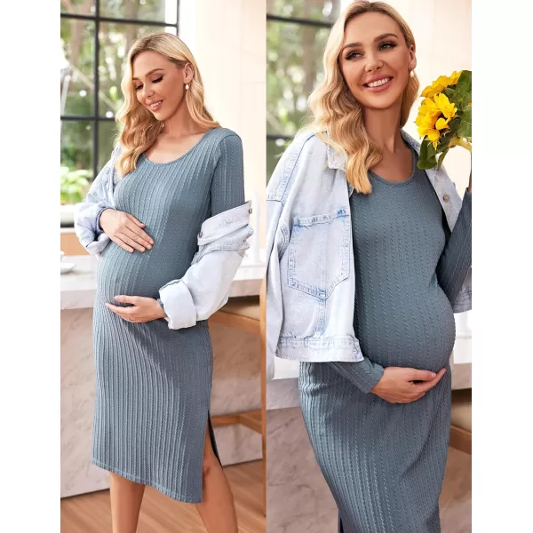 Ekouaer Womens Maternity Dress Rib Knit Sleeveless Tank Side Slit Bodycon Dresses Pregnancy Clothes SXXLZ Long Sleeve Dark Blue