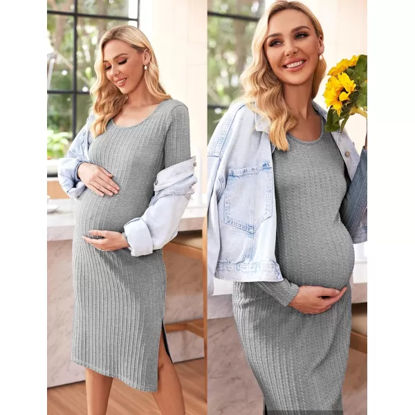 Ekouaer Womens Maternity Dress Rib Knit Sleeveless Tank Side Slit Bodycon Dresses Pregnancy Clothes SXXLZ Long Sleeve Heather Grey