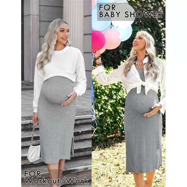 Ekouaer Womens Maternity Dress Rib Knit Sleeveless Tank Side Slit Bodycon Dresses Pregnancy Clothes SXXLZ Long Sleeve Heather Grey