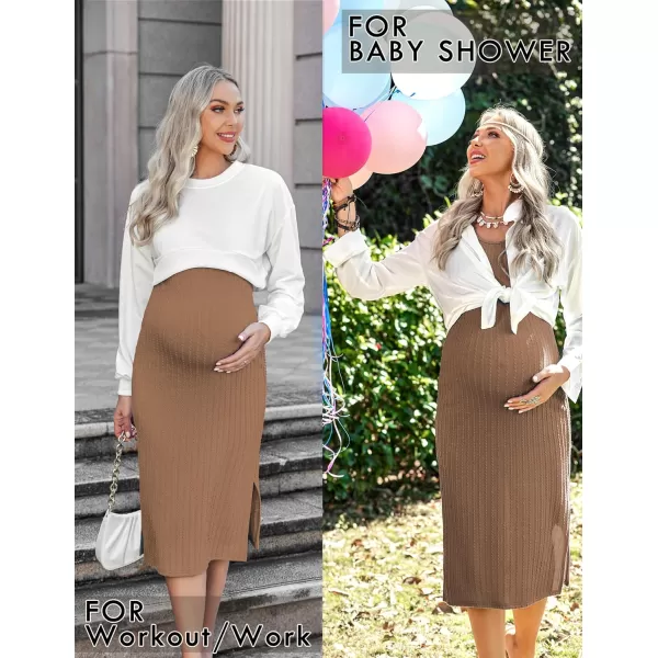 Ekouaer Womens Maternity Dress Rib Knit Sleeveless Tank Side Slit Bodycon Dresses Pregnancy Clothes SXXLZ Long Sleeve Khaki