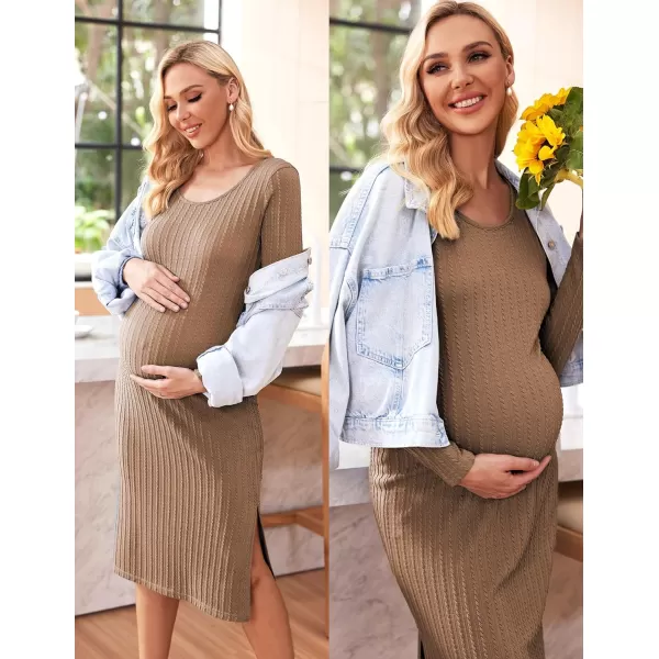 Ekouaer Womens Maternity Dress Rib Knit Sleeveless Tank Side Slit Bodycon Dresses Pregnancy Clothes SXXLZ Long Sleeve Khaki