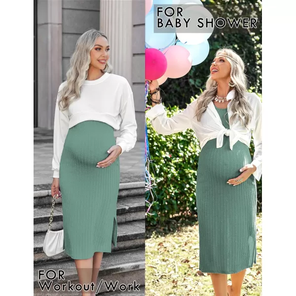 Ekouaer Womens Maternity Dress Rib Knit Sleeveless Tank Side Slit Bodycon Dresses Pregnancy Clothes SXXLZ Long Sleeve Mint Green