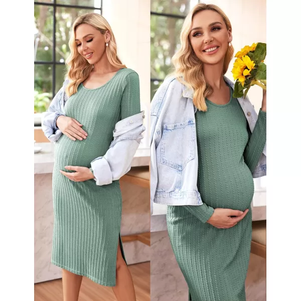 Ekouaer Womens Maternity Dress Rib Knit Sleeveless Tank Side Slit Bodycon Dresses Pregnancy Clothes SXXLZ Long Sleeve Mint Green