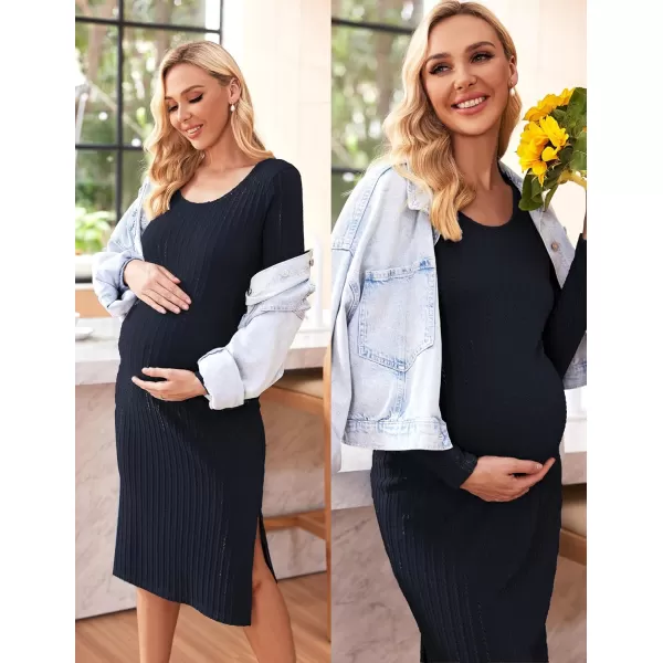 Ekouaer Womens Maternity Dress Rib Knit Sleeveless Tank Side Slit Bodycon Dresses Pregnancy Clothes SXXLZ Long Sleeve Navy Blue