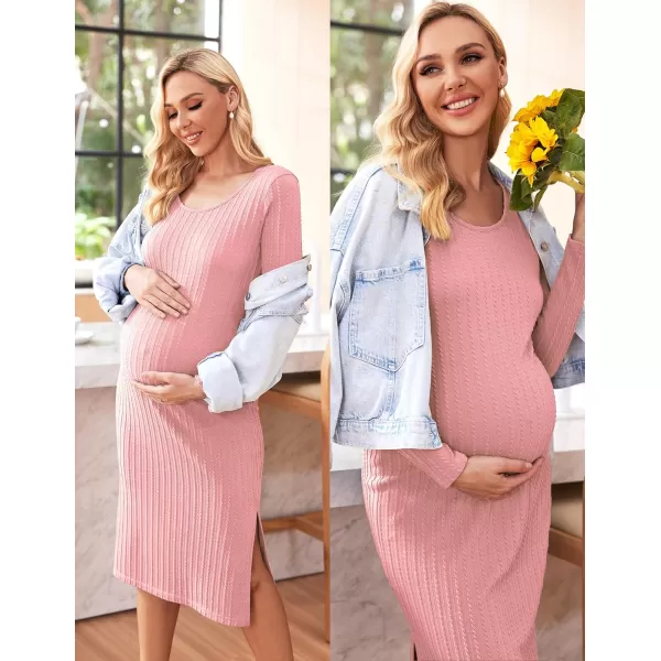 Ekouaer Womens Maternity Dress Rib Knit Sleeveless Tank Side Slit Bodycon Dresses Pregnancy Clothes SXXLZ Long Sleeve Pink