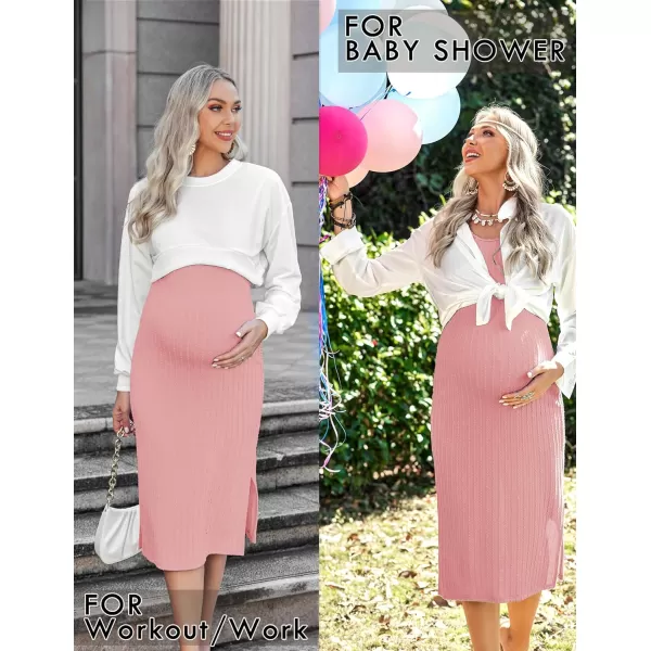 Ekouaer Womens Maternity Dress Rib Knit Sleeveless Tank Side Slit Bodycon Dresses Pregnancy Clothes SXXLZ Long Sleeve Pink