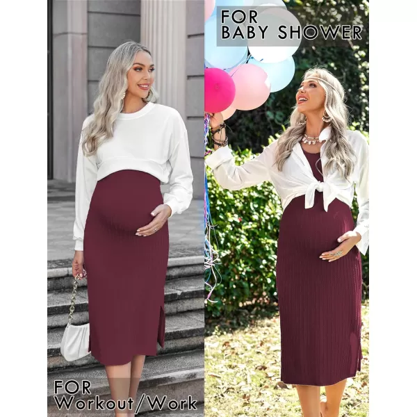 Ekouaer Womens Maternity Dress Rib Knit Sleeveless Tank Side Slit Bodycon Dresses Pregnancy Clothes SXXLZ Long Sleeve Wine Red