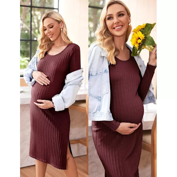 Ekouaer Womens Maternity Dress Rib Knit Sleeveless Tank Side Slit Bodycon Dresses Pregnancy Clothes SXXLZ Long Sleeve Wine Red