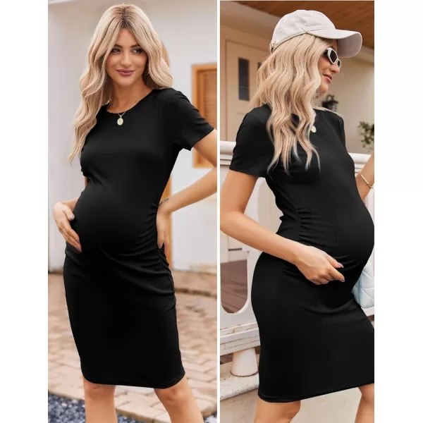Ekouaer Womens Maternity Dress Ruched Ribbed Bodycon Summer Dresses Casual Pregnancy Dress SXXLBlack