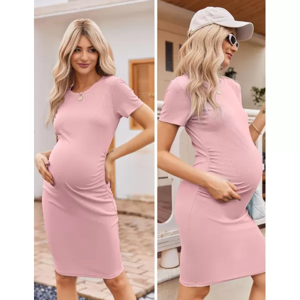 Ekouaer Womens Maternity Dress Ruched Ribbed Bodycon Summer Dresses Casual Pregnancy Dress SXXLCoral Pink