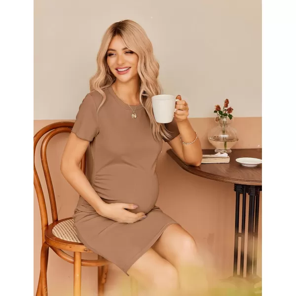 Ekouaer Womens Maternity Dress Ruched Ribbed Bodycon Summer Dresses Casual Pregnancy Dress SXXLKhaki