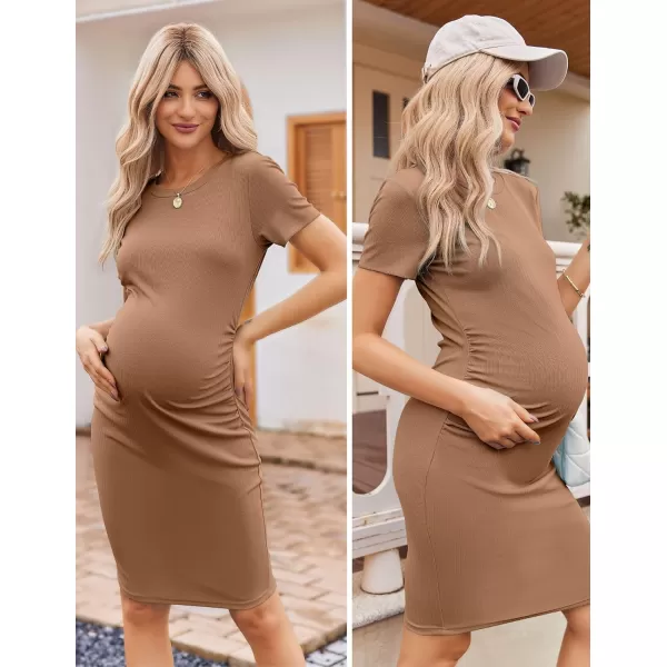 Ekouaer Womens Maternity Dress Ruched Ribbed Bodycon Summer Dresses Casual Pregnancy Dress SXXLKhaki