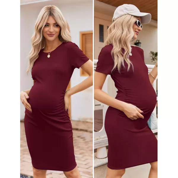 Ekouaer Womens Maternity Dress Ruched Ribbed Bodycon Summer Dresses Casual Pregnancy Dress SXXLWine Red