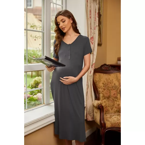 Ekouaer Womens Maternity Nightgown for Hospital Pregnancy Long Nightgowns Nursing Night Gown for BreastfeedingDark Grey