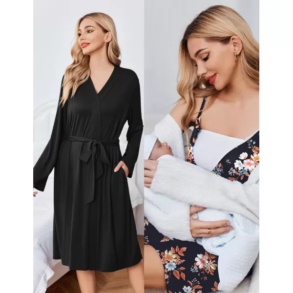 Ekouaer Womens Maternity Nursing Gown and Robe Set Labor Delivery Nuring Nightgowns for Hospital Breastfeeding RobesBlack Flower