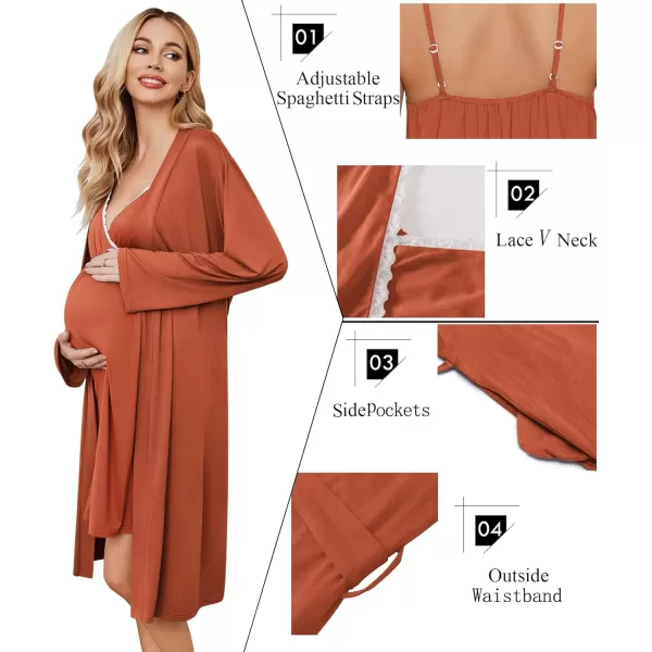 Ekouaer Womens Maternity Nursing Gown and Robe Set Labor Delivery Nuring Nightgowns for Hospital Breastfeeding RobesBrick Brown