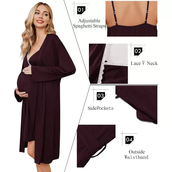 Ekouaer Womens Maternity Nursing Gown and Robe Set Labor Delivery Nuring Nightgowns for Hospital Breastfeeding RobesBurgundy