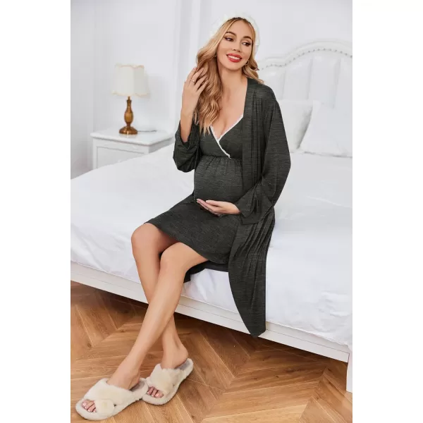 Ekouaer Womens Maternity Nursing Gown and Robe Set Labor Delivery Nuring Nightgowns for Hospital Breastfeeding RobesDark Grey