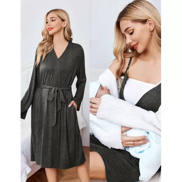 Ekouaer Womens Maternity Nursing Gown and Robe Set Labor Delivery Nuring Nightgowns for Hospital Breastfeeding RobesDark Grey