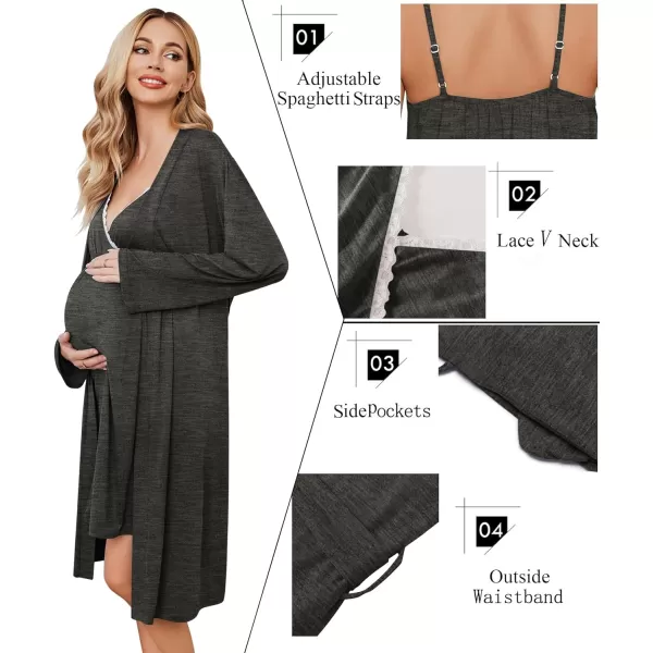 Ekouaer Womens Maternity Nursing Gown and Robe Set Labor Delivery Nuring Nightgowns for Hospital Breastfeeding RobesDark Grey