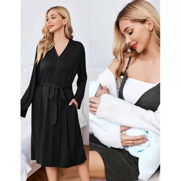 Ekouaer Womens Maternity Nursing Gown and Robe Set Labor Delivery Nuring Nightgowns for Hospital Breastfeeding RobesGrey Black