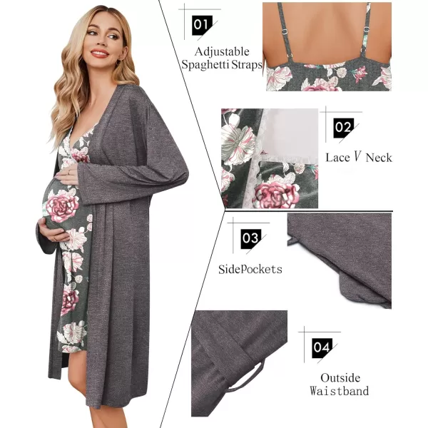 Ekouaer Womens Maternity Nursing Gown and Robe Set Labor Delivery Nuring Nightgowns for Hospital Breastfeeding RobesGrey Flower