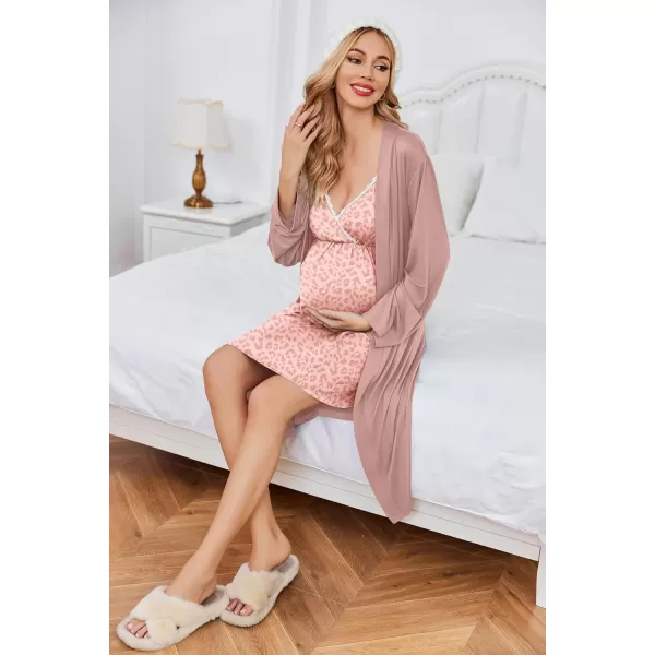 Ekouaer Womens Maternity Nursing Gown and Robe Set Labor Delivery Nuring Nightgowns for Hospital Breastfeeding RobesLeopard Pink