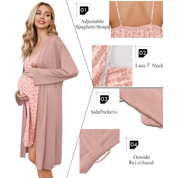 Ekouaer Womens Maternity Nursing Gown and Robe Set Labor Delivery Nuring Nightgowns for Hospital Breastfeeding RobesLeopard Pink