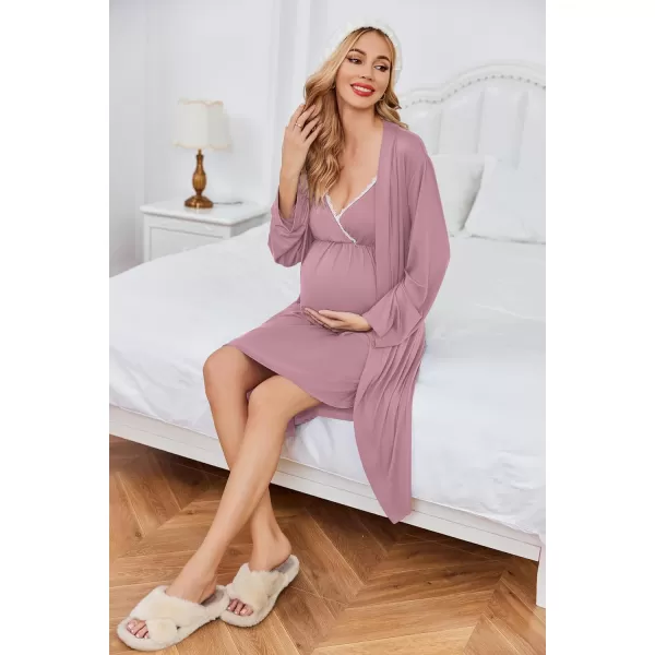 Ekouaer Womens Maternity Nursing Gown and Robe Set Labor Delivery Nuring Nightgowns for Hospital Breastfeeding RobesMisty Rose