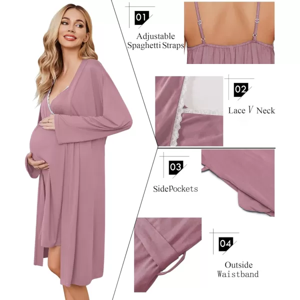 Ekouaer Womens Maternity Nursing Gown and Robe Set Labor Delivery Nuring Nightgowns for Hospital Breastfeeding RobesMisty Rose