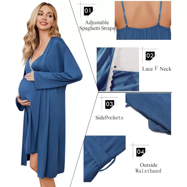 Ekouaer Womens Maternity Nursing Gown and Robe Set Labor Delivery Nuring Nightgowns for Hospital Breastfeeding RobesNavy Blue