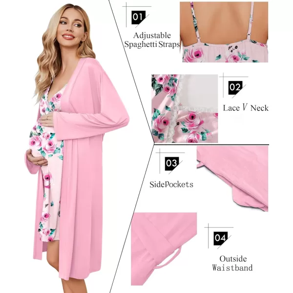 Ekouaer Womens Maternity Nursing Gown and Robe Set Labor Delivery Nuring Nightgowns for Hospital Breastfeeding RobesPink Rose