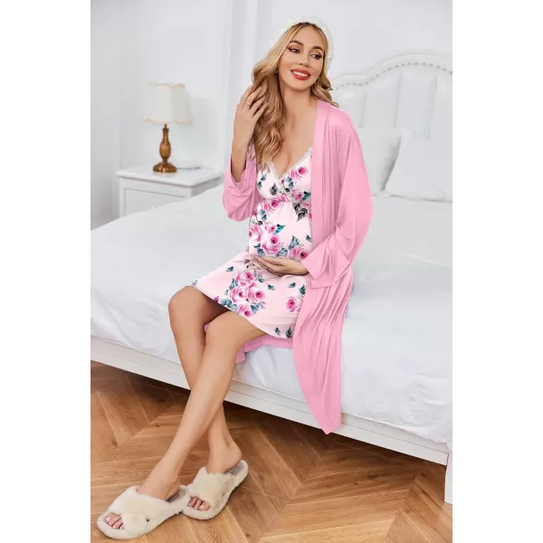 Ekouaer Womens Maternity Nursing Gown and Robe Set Labor Delivery Nuring Nightgowns for Hospital Breastfeeding RobesPink Rose