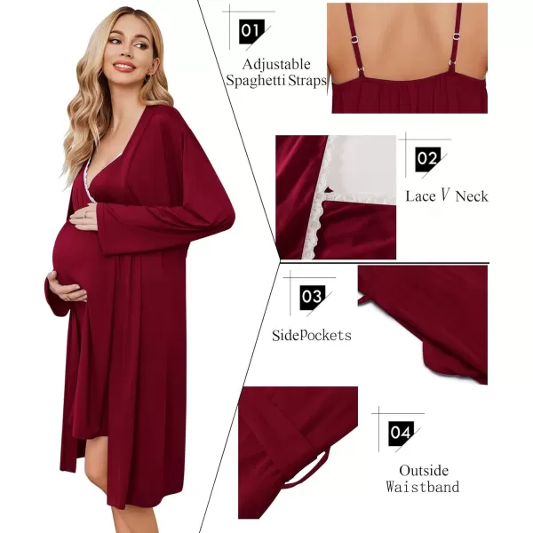 Ekouaer Womens Maternity Nursing Gown and Robe Set Labor Delivery Nuring Nightgowns for Hospital Breastfeeding RobesWine Red