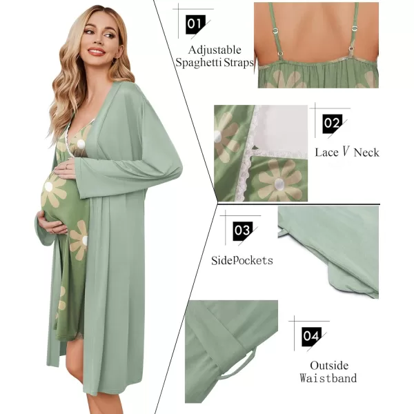 Ekouaer Womens Maternity Nursing Gown and Robe Set Labor Delivery Nuring Nightgowns for Hospital Breastfeeding RobesYellowSage Green