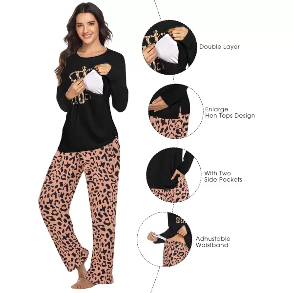 Ekouaer Womens Maternity Nursing Pajama Set Long Sleeves Breastfeeding Sleepwear Comfy Hospital Pregnancy Pjs SetBlack Leopard