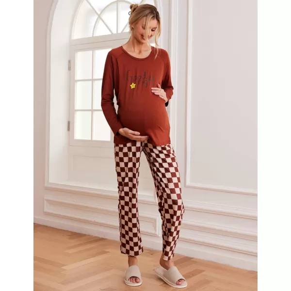 Ekouaer Womens Maternity Nursing Pajama Set Long Sleeves Breastfeeding Sleepwear Comfy Hospital Pregnancy Pjs SetBrown Checkerboard