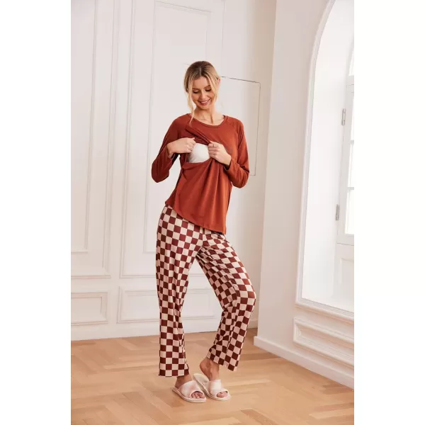 Ekouaer Womens Maternity Nursing Pajama Set Long Sleeves Breastfeeding Sleepwear Comfy Hospital Pregnancy Pjs SetBrown Checkerboard