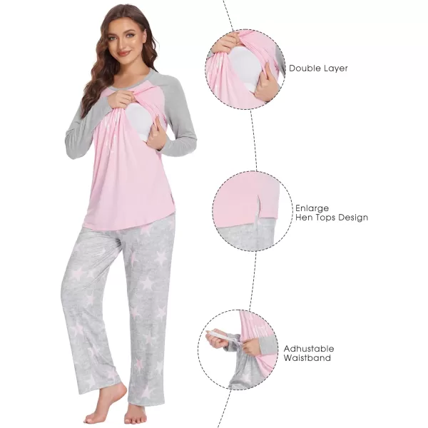 Ekouaer Womens Maternity Nursing Pajama Set Long Sleeves Breastfeeding Sleepwear Comfy Hospital Pregnancy Pjs SetPink Star