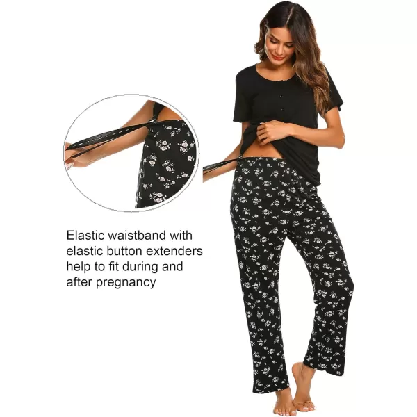 Ekouaer Womens Maternity Nursing Pajamas Sets Breastfeeding Printed Sleepwear Short Sleeve 2 Pcs Henley Top and Pants SetBlack Flowers Printed