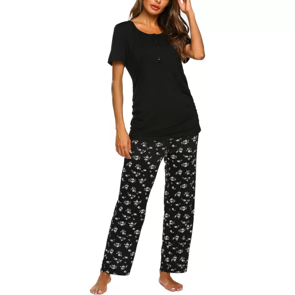 Ekouaer Womens Maternity Nursing Pajamas Sets Breastfeeding Printed Sleepwear Short Sleeve 2 Pcs Henley Top and Pants SetBlack Flowers Printed