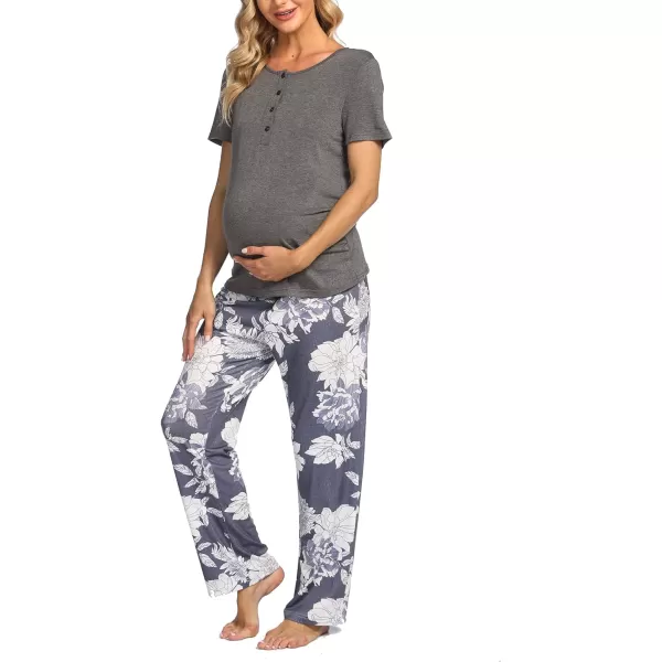 Ekouaer Womens Maternity Nursing Pajamas Sets Breastfeeding Printed Sleepwear Short Sleeve 2 Pcs Henley Top and Pants SetGrey Flowers Printed