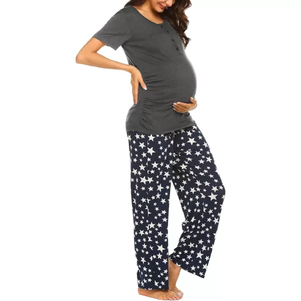 Ekouaer Womens Maternity Nursing Pajamas Sets Breastfeeding Printed Sleepwear Short Sleeve 2 Pcs Henley Top and Pants SetGrey Star Printed