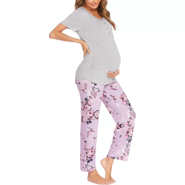 Ekouaer Womens Maternity Nursing Pajamas Sets Breastfeeding Printed Sleepwear Short Sleeve 2 Pcs Henley Top and Pants SetPink Flowears